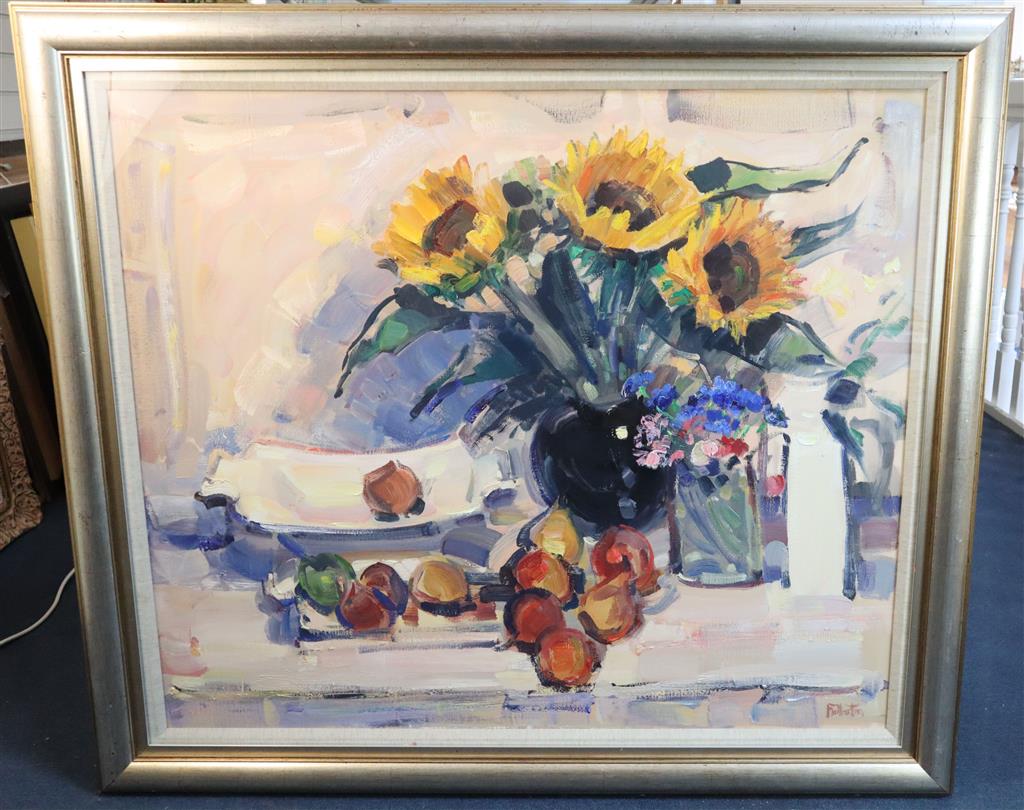 § James Fullerton (1946-) Still life of fruit and sunflowers on a table top 35.5 x 41in.